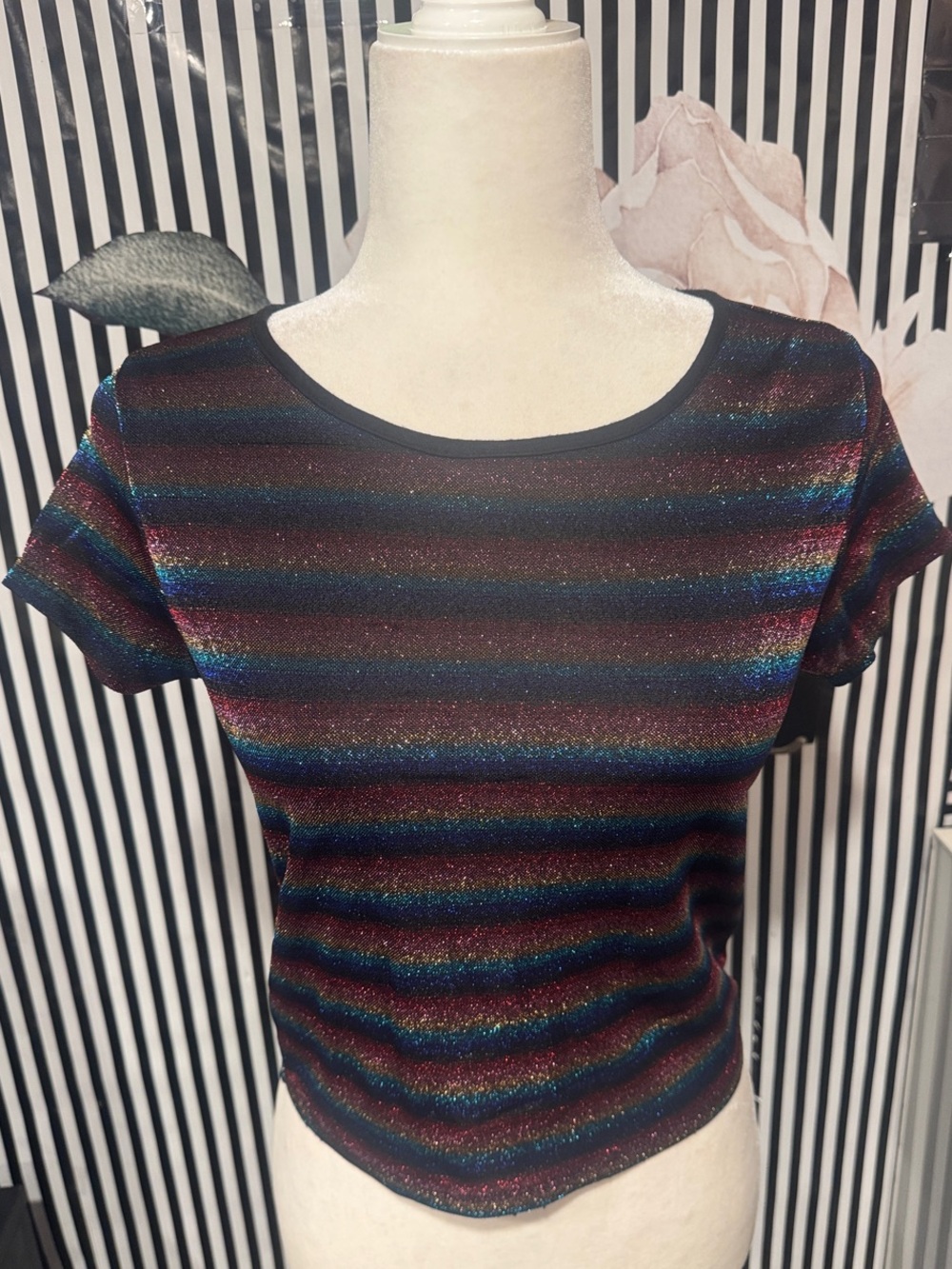 Shimmer Stripe Short Sleeve Crop Top - Multicolor